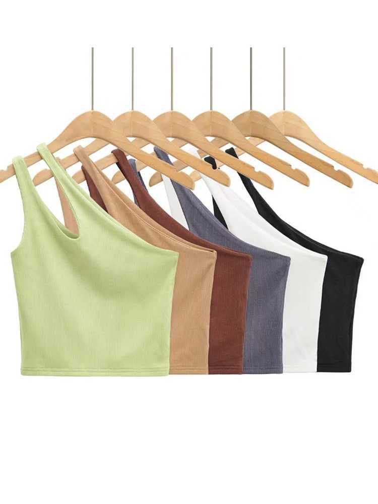 2024 Sexy Womens Crop Top Solid Stretch Fit Knit Sveless One Shoulder Hollow Out Basic Backless Tank TopXJ250212