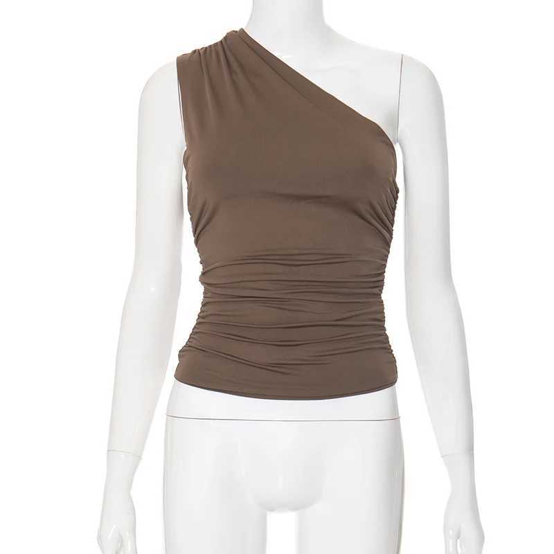CUTENOVA Solid Color One Shoulder Backless Shrink Tank Top T-Shirt Candy Color Tight Sexy Sveless Neckless Slim Casaul TopXJ250212