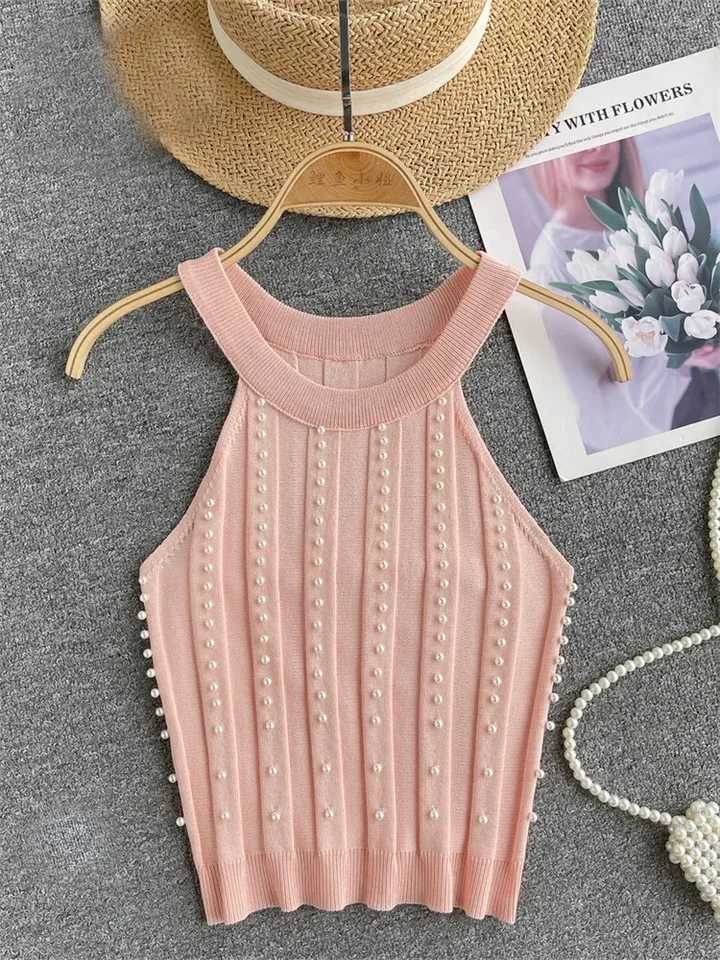 Zik Hekiy Pearls Women Tops Strapless Backless Slim Fit Senior 2024 Korean Style Fashion Streetwear Mini Knitted TankXJ250212