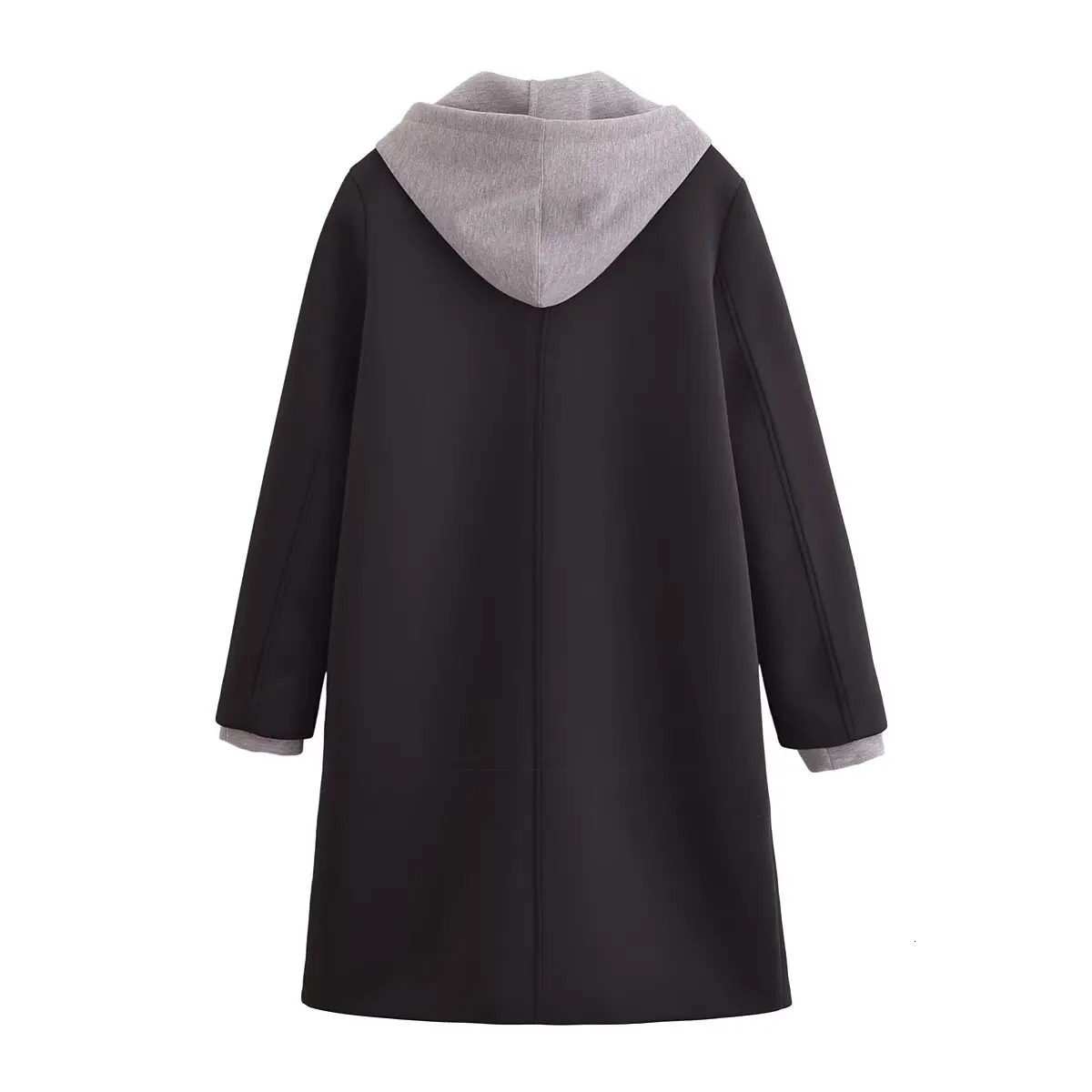 TRAF Women 2024 Autumn and Winter Fashion Leafy Detachable Hooded Long Coat Casual Sleeve Top Outerwear Mujer 250109