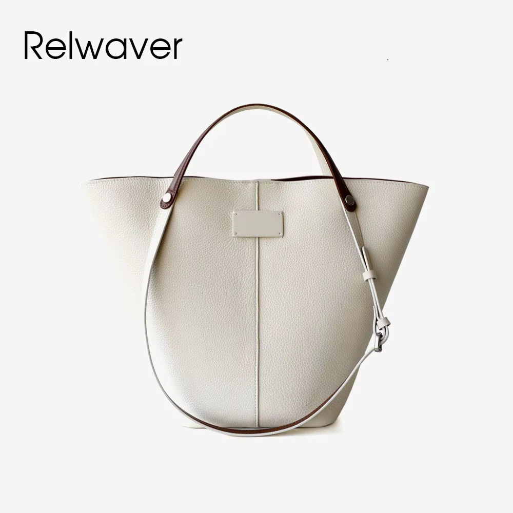 Relwaver Bucket Second Layer Cowhide Hand 2025 Spring Summer White Shoulder Chic Daily Women Bag