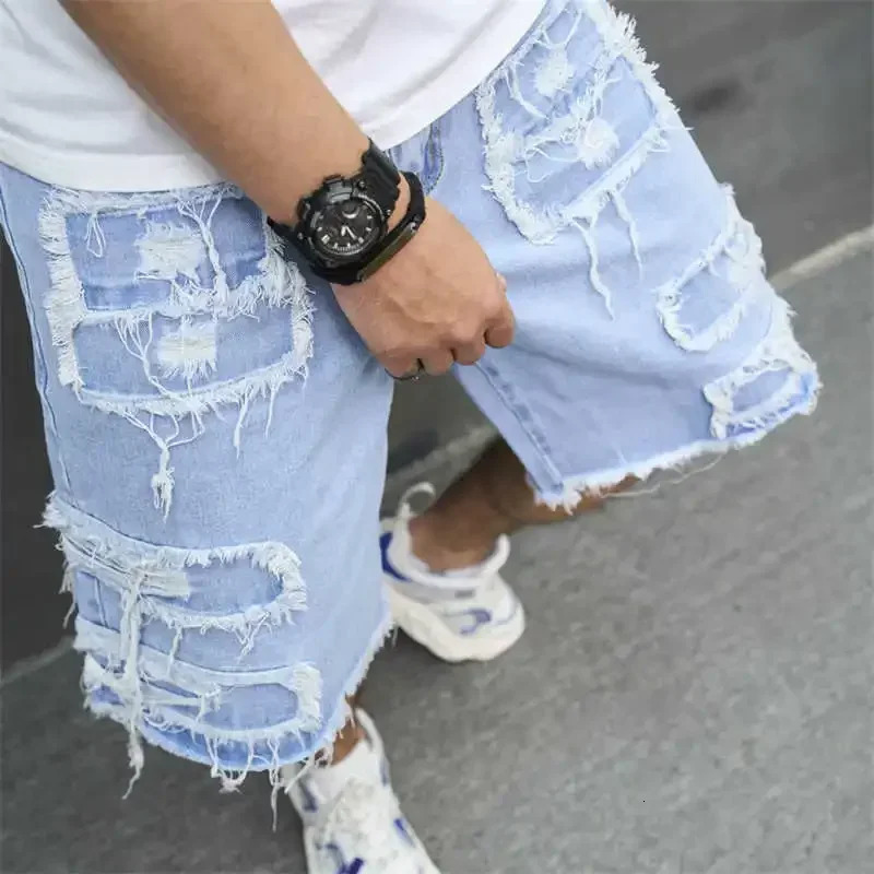 Denim Hole Knee Length Men Washed Jean Mid Waist Spliced Ripped Pockets Loose Fit Distressed Straight Pants 2025 Casual Shorts 250211