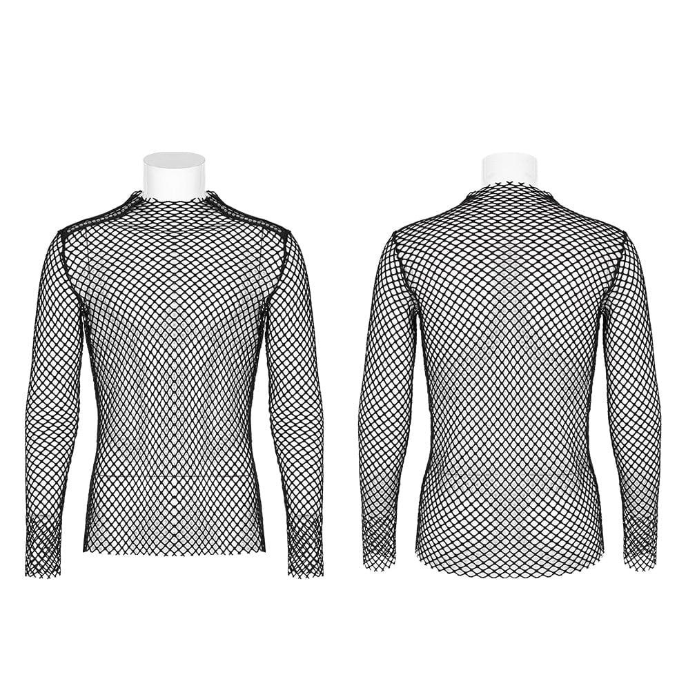 Sexy Gauze T-Shirt: Rough Edges Slim Fit Long Sleeve Black Tops - Mens Summer Tees & Punk Clothes for Men