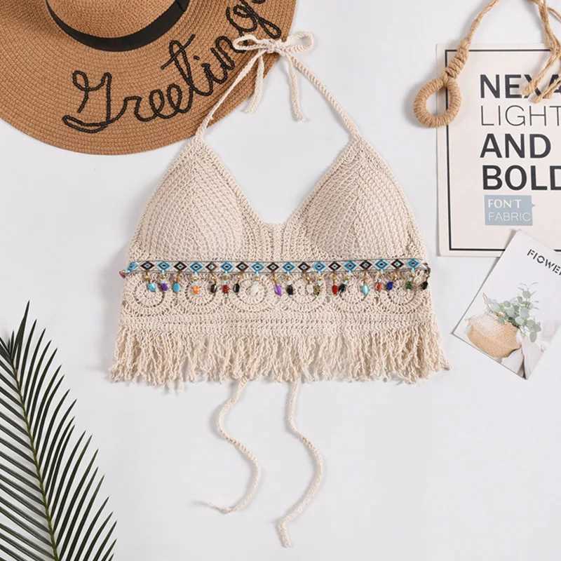 Sexy Boho Beach Vacation Camisole Womens Swimsuit Bra Halter Tank Top Knitted Tassels Hollow Out Cropped Tops Sveless TopsXJ250212