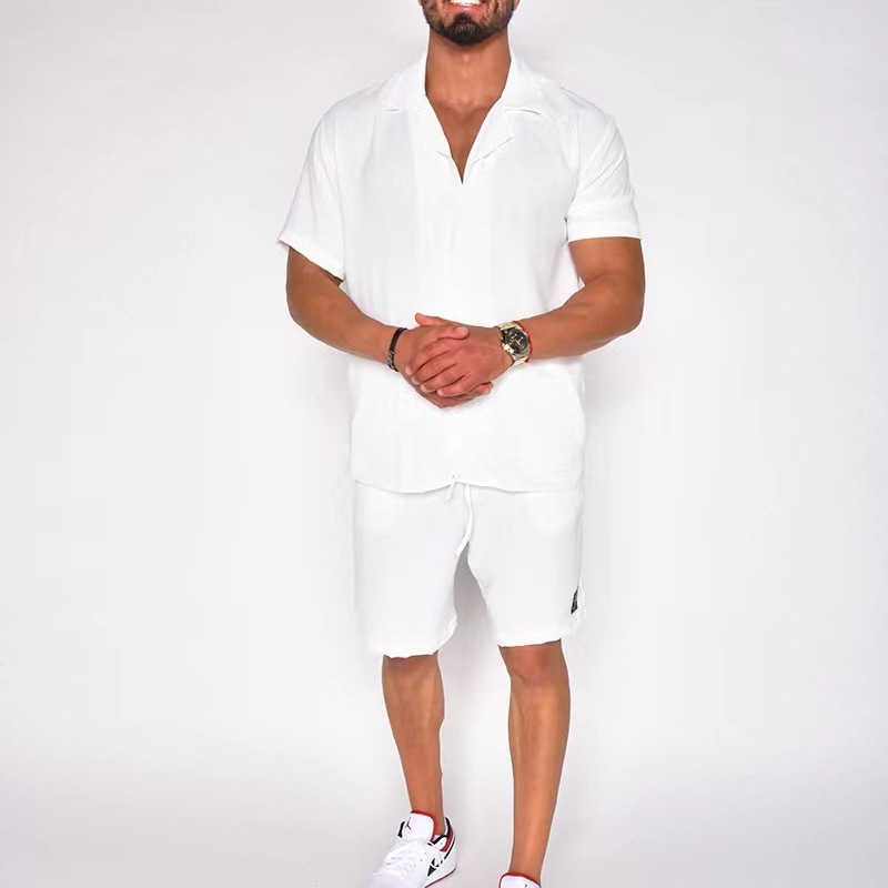 2023 Hawaiian Mens Summer Polo Collar Cotton Linen Solid Short Sleeve Shorts Set W250212