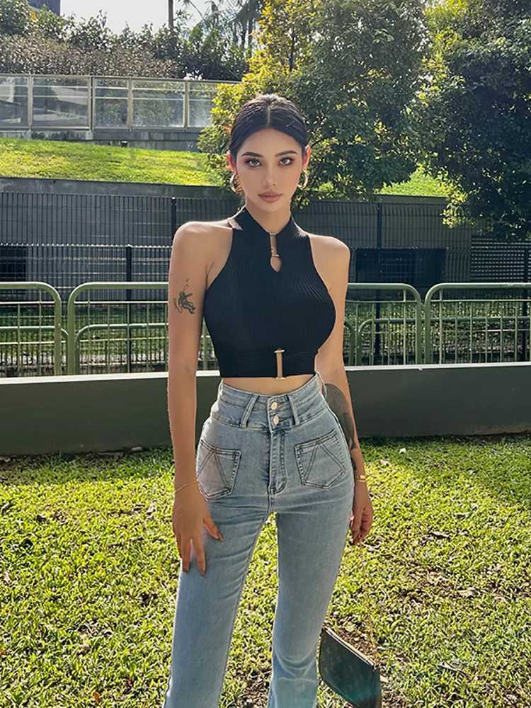 ITOOLIN Summer Women Sexy Tank Tops Chic Y2K Tops Sveless Halter Off Shoulder Tops Crop Tops Elastic Solid Tank Tops WomenXJ250212