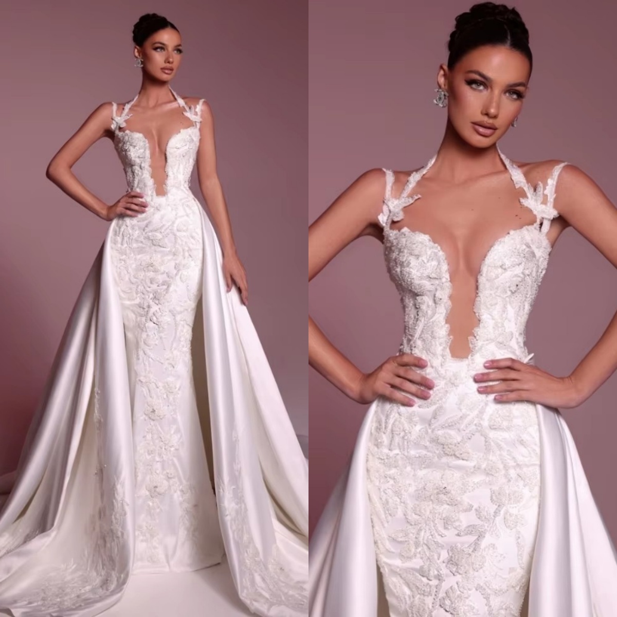 Elegant Mermaid Wedding Dress Sheer Neck Sleeveless Bridal Gowns Sequins Appliques Detachable Train Dresses Custom Made vestidos de novia