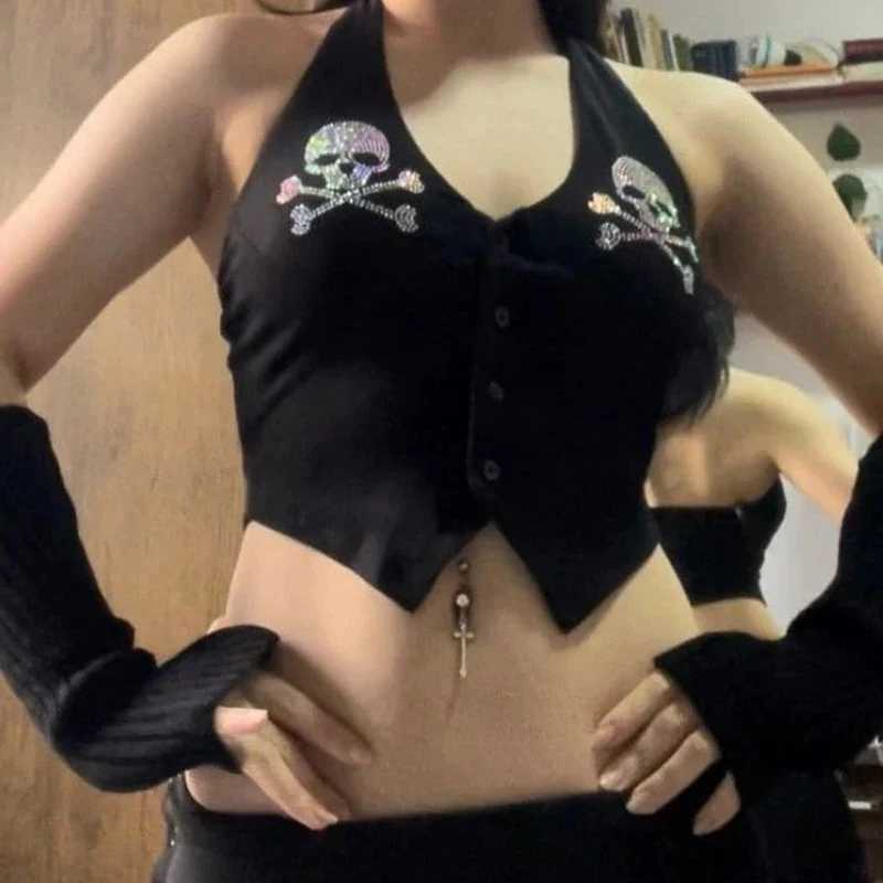 Y2k Goth Dark Skull Mall Gothic Halter Sexy Tops Grunge Aesthetic Button Up Emo Crop Top Punk Sexy Backless Bandage Alt OutfitXJ250212