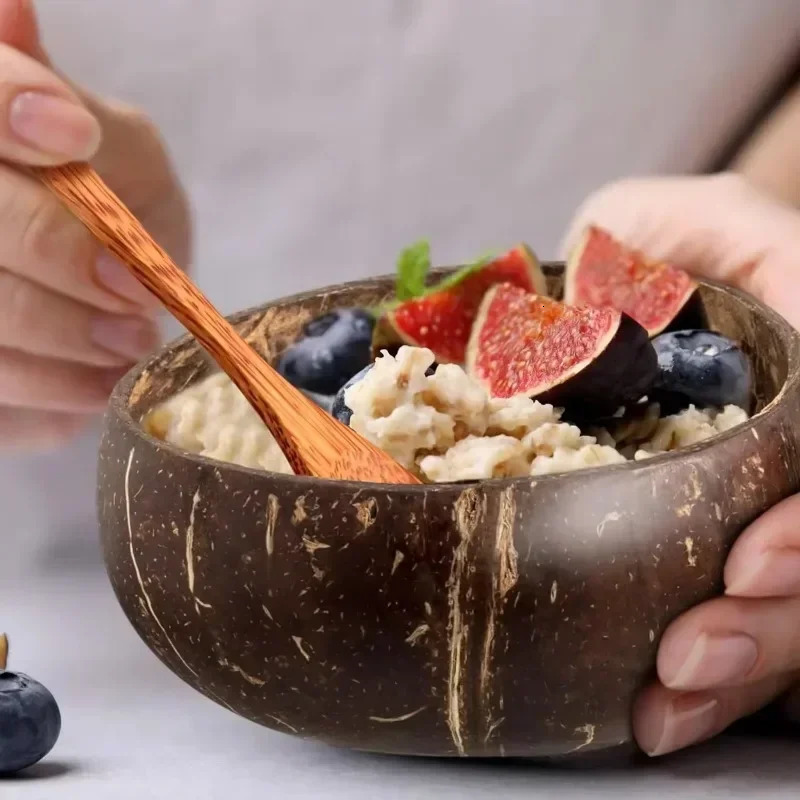 Wholesale Natural Coconut Bowls For Serving Dishes Salad Oatmeal Yogurt Reusable Wooden Coconut Shell Bowl Kitchen Tableware Set 250206