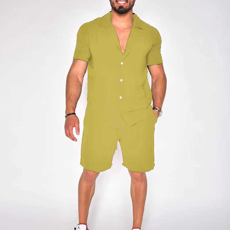 2023 Hawaiian Mens Summer Polo Collar Cotton Linen Solid Short Sleeve Shorts Set W250212