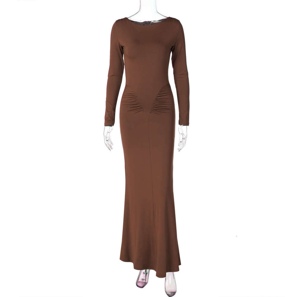 Hot selg women's in Europe America summer 2025, fashionable stylish products, slim fit pleated round neck long sleeved dresses, wholesale for wom