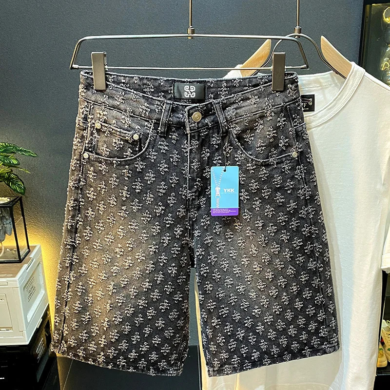 American Scratched Trendy Denim Shorts Mens Fashion Loose Straight Leg Casual Split Mid Pants Summer Thin Style 250211