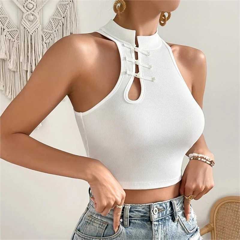 2024 New Fashion Women Vintage Chinese Button Tank Tops Halter Tops O-Neck Ele Crop Tops Off Shoulder Tops For WomenXJ250212