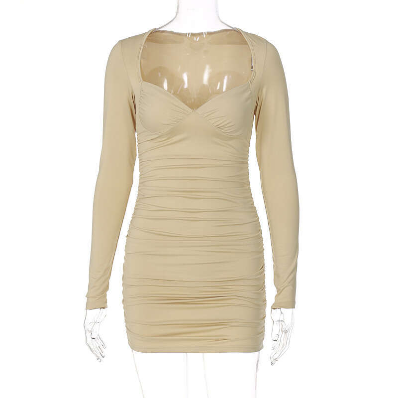 European and American women's spring deep V strapless long sleeved slim pleated fashionable dress manufacturer wholesale 2025 new style temperame