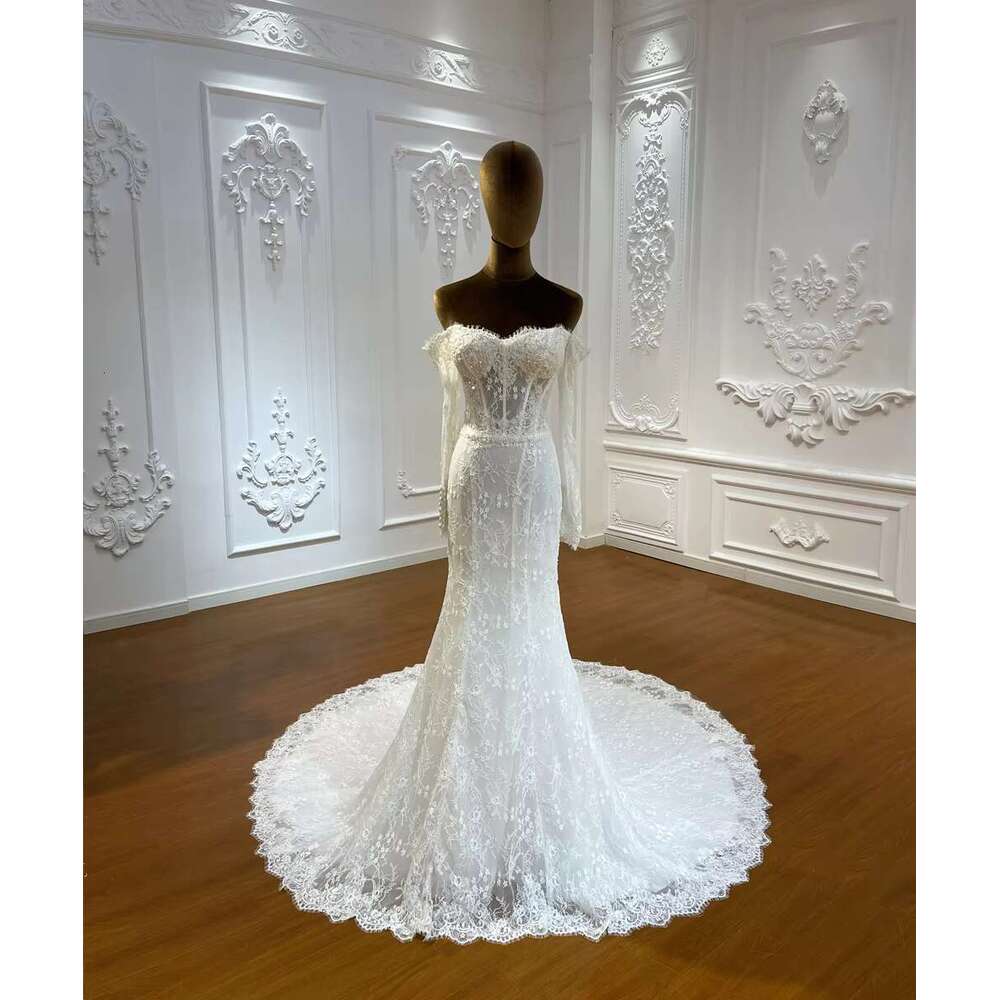 Customized M036 Off The Shoulder Long Sleeve Sweetheart Mermaid Bridal Wedding Dress