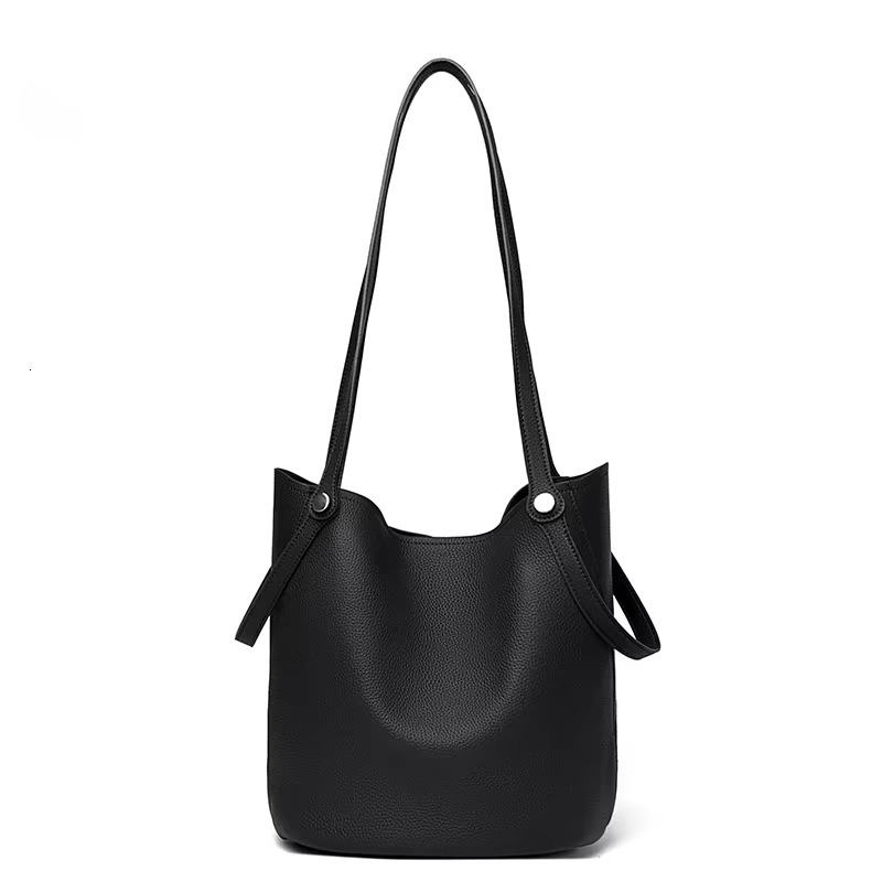 Genuine Leather Large Capacity Women Tote Bags Ladies Solid Color Cowhide Shoulder Crossbody Bucket Bag Female Sac A Main