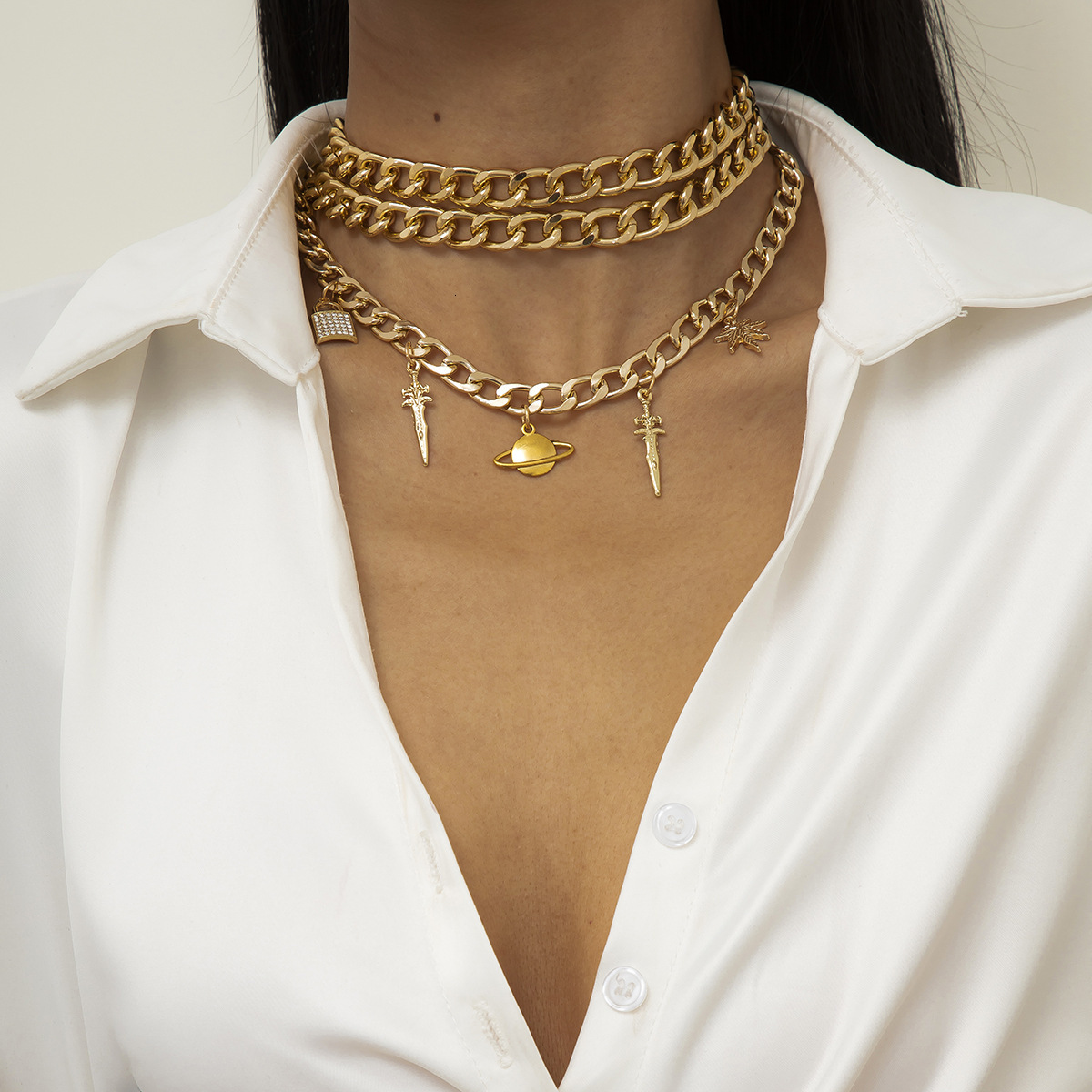 New fashion necklace lock alloy multi-layer set exaggerated street style designer sword pendant accessories for women