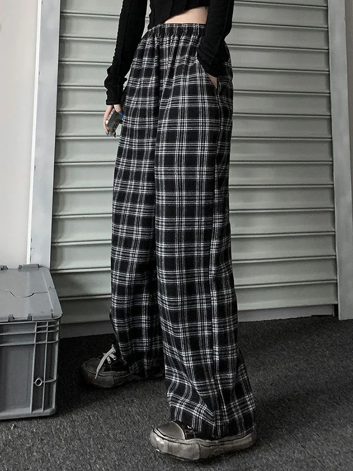 Zoki womens hiphop streetwear black flat bottomed pants Harajuku student oversized wide leg fashionable elastic waist casual 250211Z