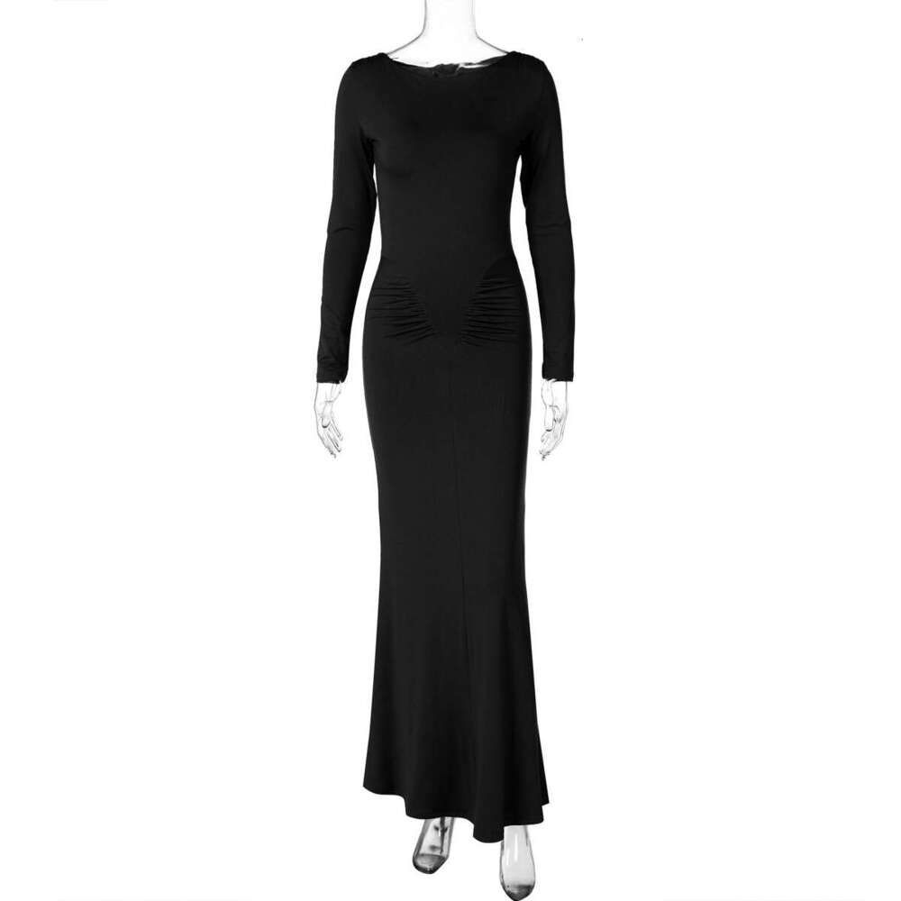Hot selg women's in Europe America summer 2025, fashionable stylish products, slim fit pleated round neck long sleeved dresses, wholesale for wom