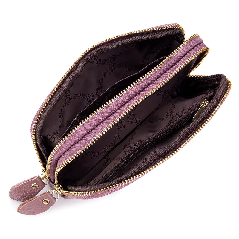 Real Leather Women Long Wallet Ladies Double Zipper Coin Purse Four-Leaf Clover Card Holder Female Cute Money Bag Clutch swissmilitary