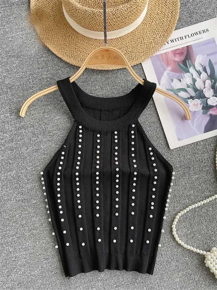 Zik Hekiy Pearls Women Tops Strapless Backless Slim Fit Senior 2024 Korean Style Fashion Streetwear Mini Knitted TankXJ250212