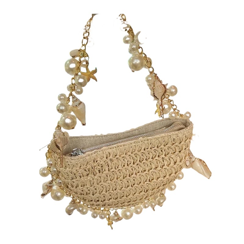 Fashion Pearl Woven Bohemian Rattan Beach Women's Single Shoulder Crossbody Bag Handbag