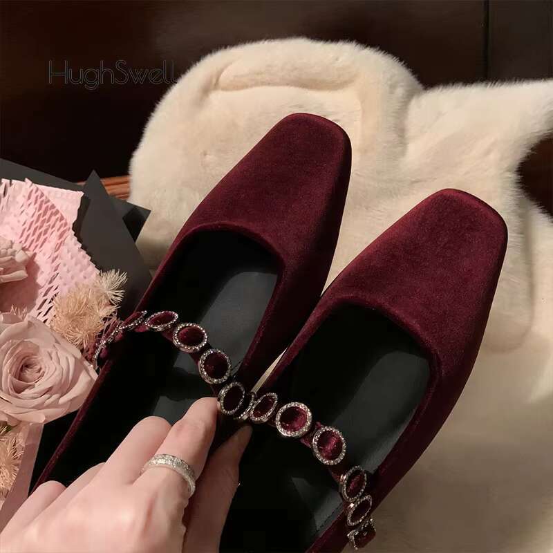 Rhie Buckle Veet Mary Janes Woman Elegant Square Toe Velour Ballet Flat Ladies Brand Design Crystal Evening Shoes