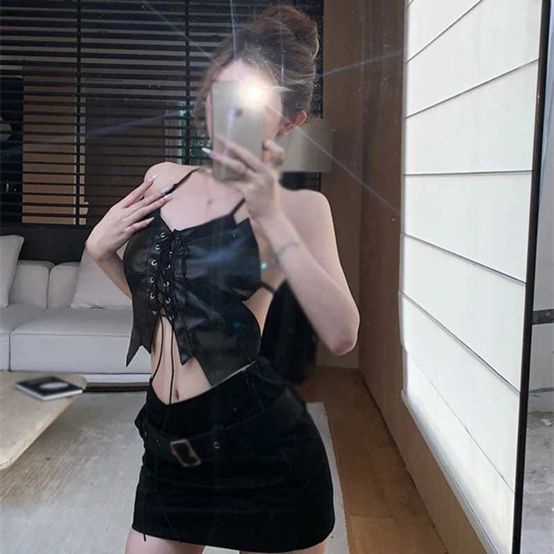 Bandage Sexy Punk Version Womens Top Slim Fashion Halter Camisole Vest Irregular Slim-Fit Backless PU Leather Top BlackXJ250212