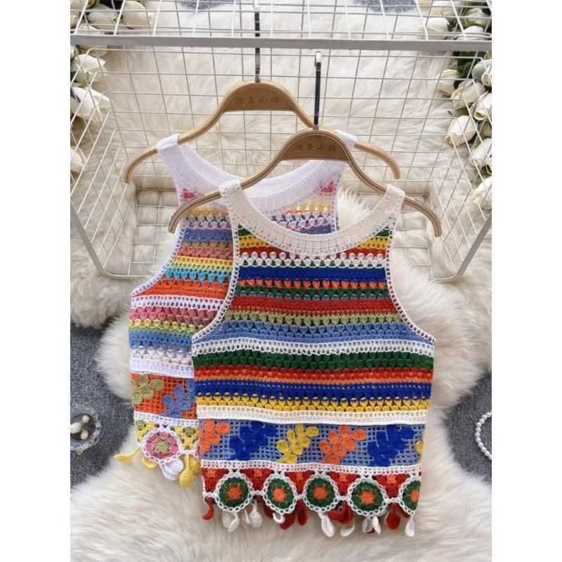 Bohemian Tank Tops Women Knitted Retro Crochet Design Colorful Short Vacation Strap Vest 2024 New Neck Hanging Outwear TanksXJ250212