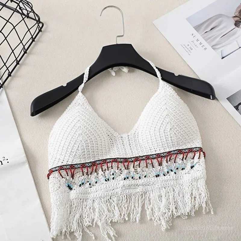 Sexy Hollow Out Underwear Women Summer Beach Short Tank Top Women Sweet Knitted Bra Tassel Women Short Top Debardeur FemmeXJ250212