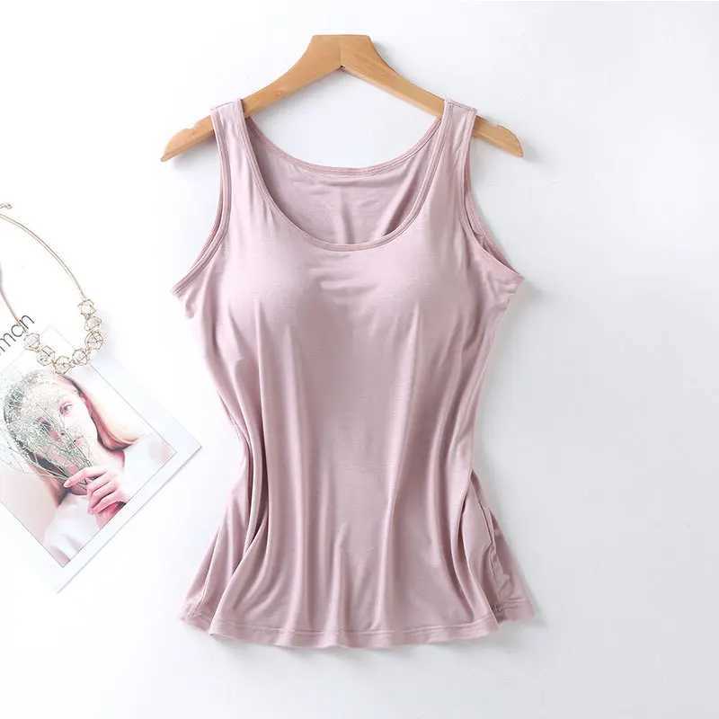 2023 Womens Vest Tops with Built In Bra Neck Vest Solid Color Padded Slim Fit Tank Tops Sexy Shirts Feminino Casual Tank TopsXJ250212