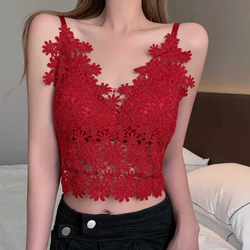 ITOOLIN Summer Women Lace V-Neck Sexy Backless Crop Top Hollow Out Tank Top With Bra Pad Y2K Camis Floral Embroidery Top 2024XJ250212