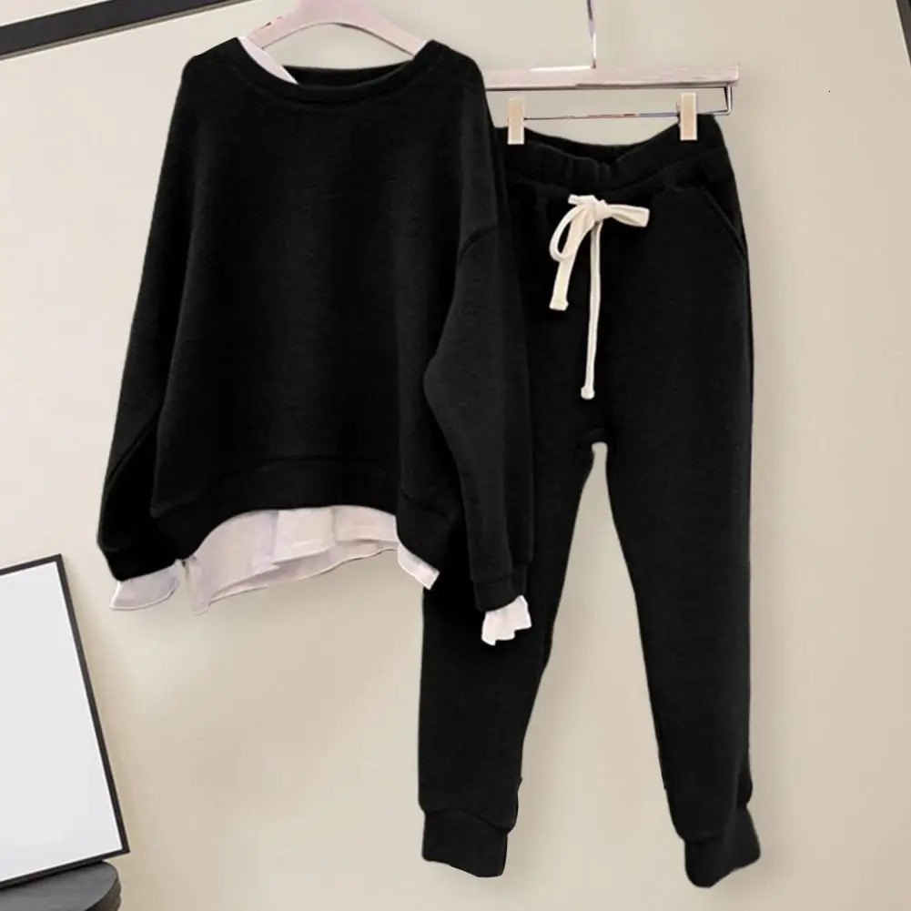 2 PcsSet Trendy Two Piece Set Women Sweatshirt Pants Loose Adjustable Waist Sweatpants Thermal 250211Z