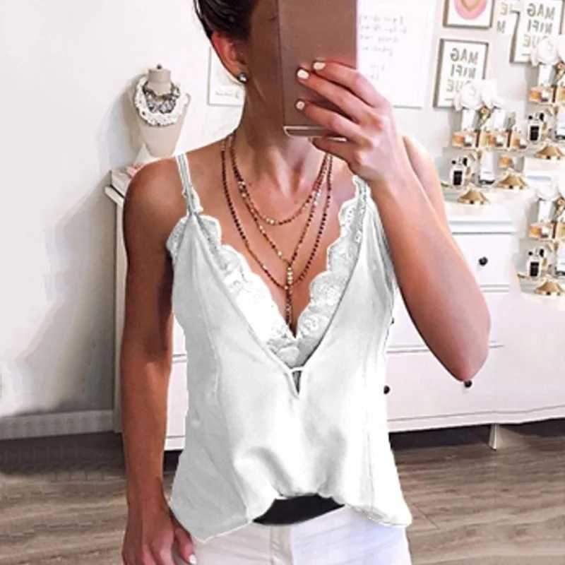 Fashion Casual Sexy Solid Vest Women Summer Ladies Sveless Lace Patchwork Mesh Loose Vest Deep V-Neck Cami Soft Tank TopsXJ250212