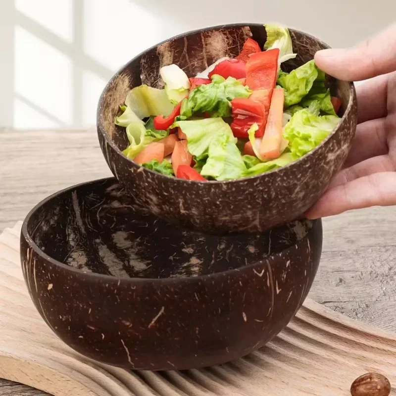 Wholesale Natural Coconut Bowls For Serving Dishes Salad Oatmeal Yogurt Reusable Wooden Coconut Shell Bowl Kitchen Tableware Set 250206