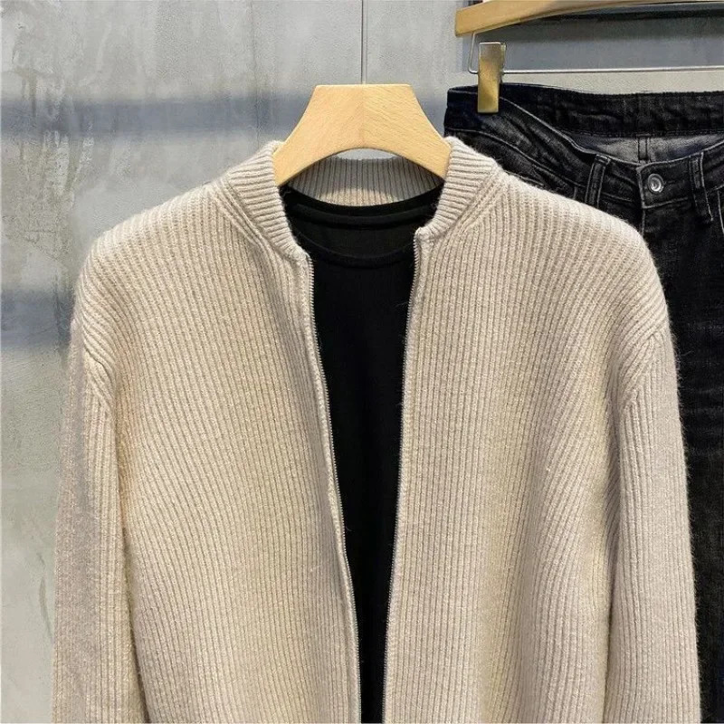 Knitted Sweaters for Men Black Man Clothes Plain Y2k Vintage Cardigan Solid Color Zip-up Zipper Collared Long Sleeve 100% Tops A 250211