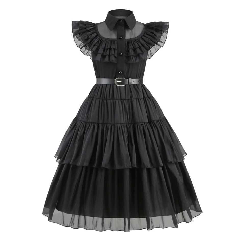Girls Witch Cosplay Costume Kids Dark Theme Par Gown Halloween Gothic Girls Adams Black Dress Layered Tulle Princess ClothesXJ250117