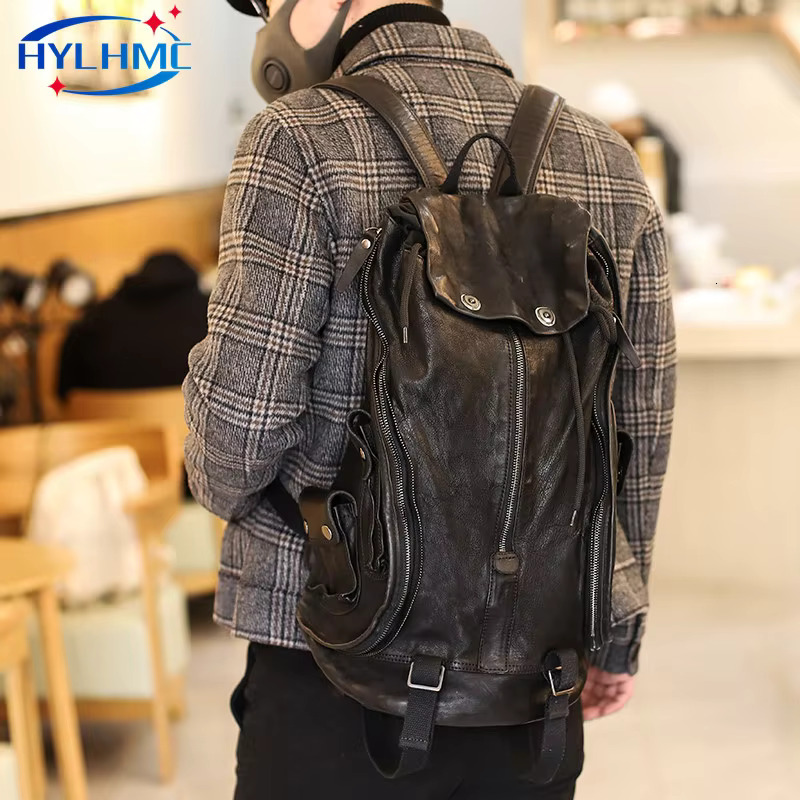 Men's Women Backpack Zipper Retro Old Leather Shoulder School Bag Fashion Dark Wind Soft Youth Black Travel Backpacks