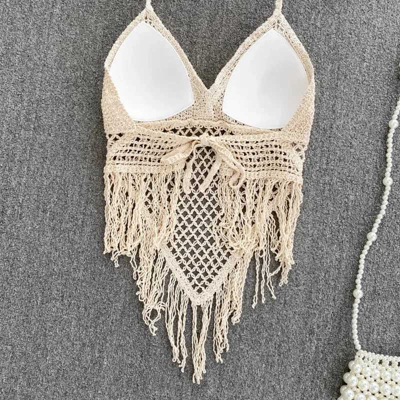 Knitted Tassels Hollow Out Tanks Camis for Women Bohemia Style Hault Sveless Sexy Femme Corset Crop Tops Beach Tank CamisolesXJ250212
