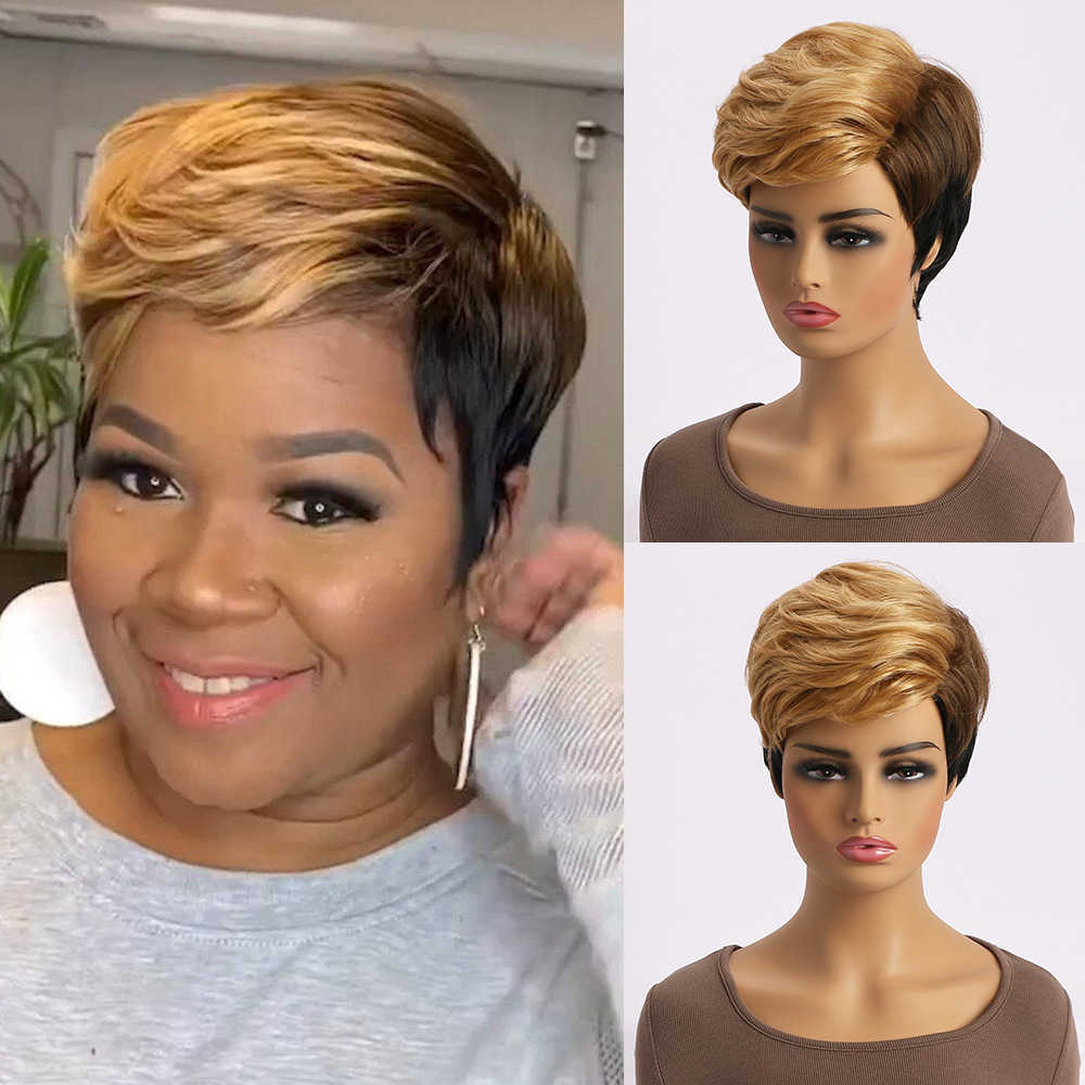 Short Pixie Cut Wig Human Hair For Black Women Machine Made Wigs With Bangs Colored Brazilian Wig Human Hair Wigs M250212