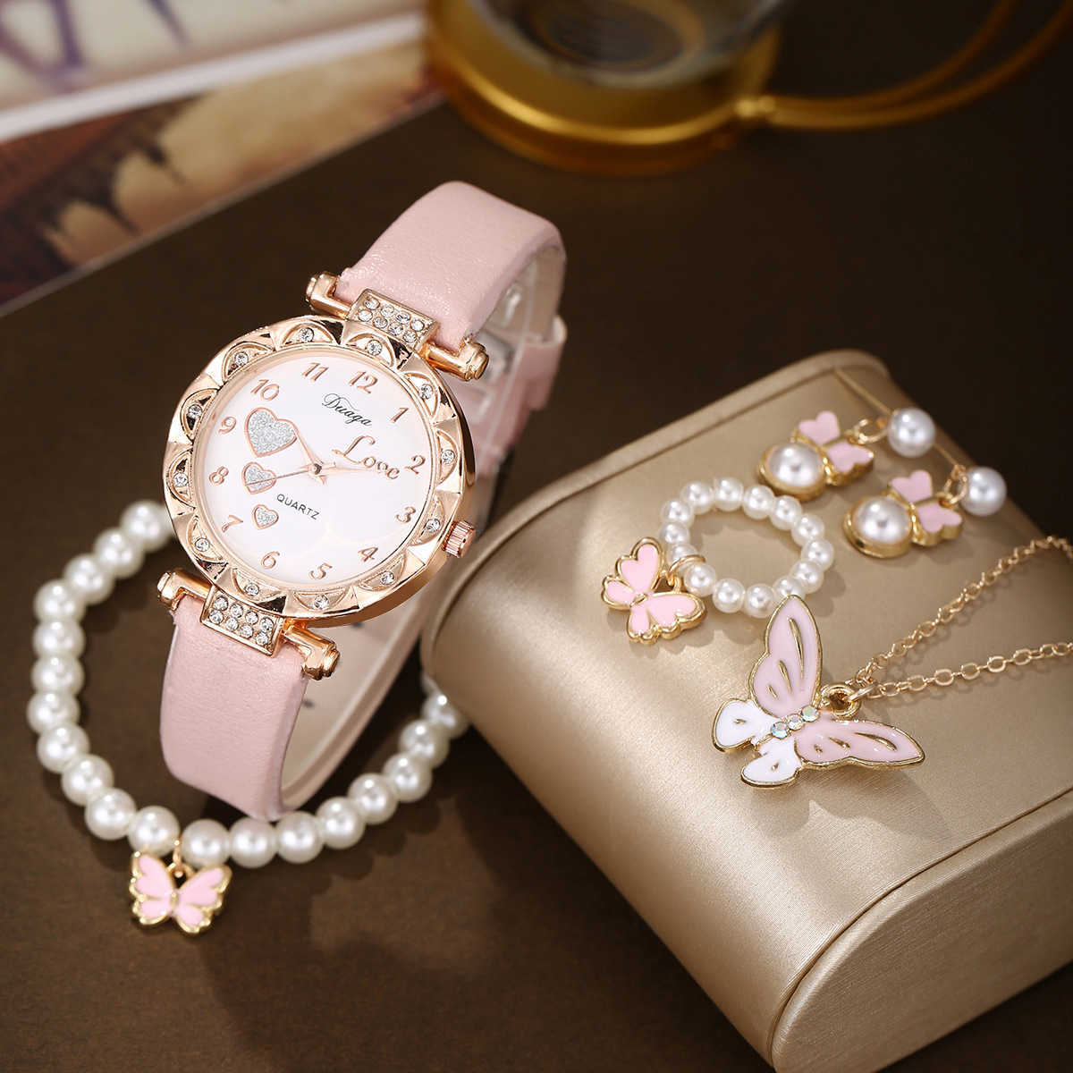 2024 New European Sweet Round Dial Matte Belt Watch Pearl Butterfly Jewelry Set W250212