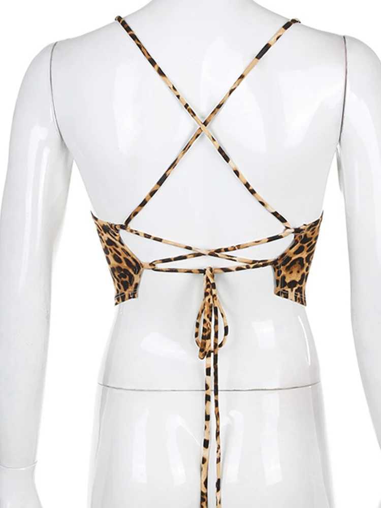 Leopard Pattern Women Tank Tops Backless Sexy Rave Outfits Sveless Cross Lace Up Bralette Crop Top Summer StreetwearXJ250212