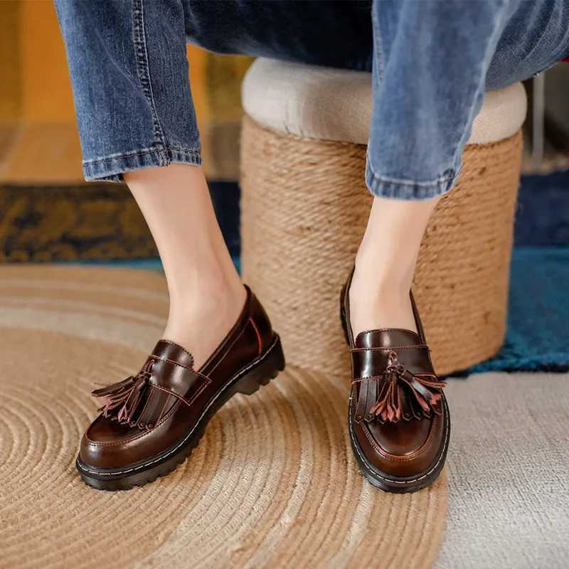 Womens Loafers leather edge Moccasians retro British style womens Oxford shoes slip in brown apartment Y250212