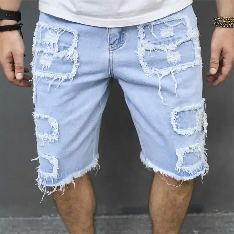 Denim Hole Knee Length Men Washed Jean Mid Waist Spliced Ripped Pockets Loose Fit Distressed Straight Pants 2025 Casual Shorts 250211
