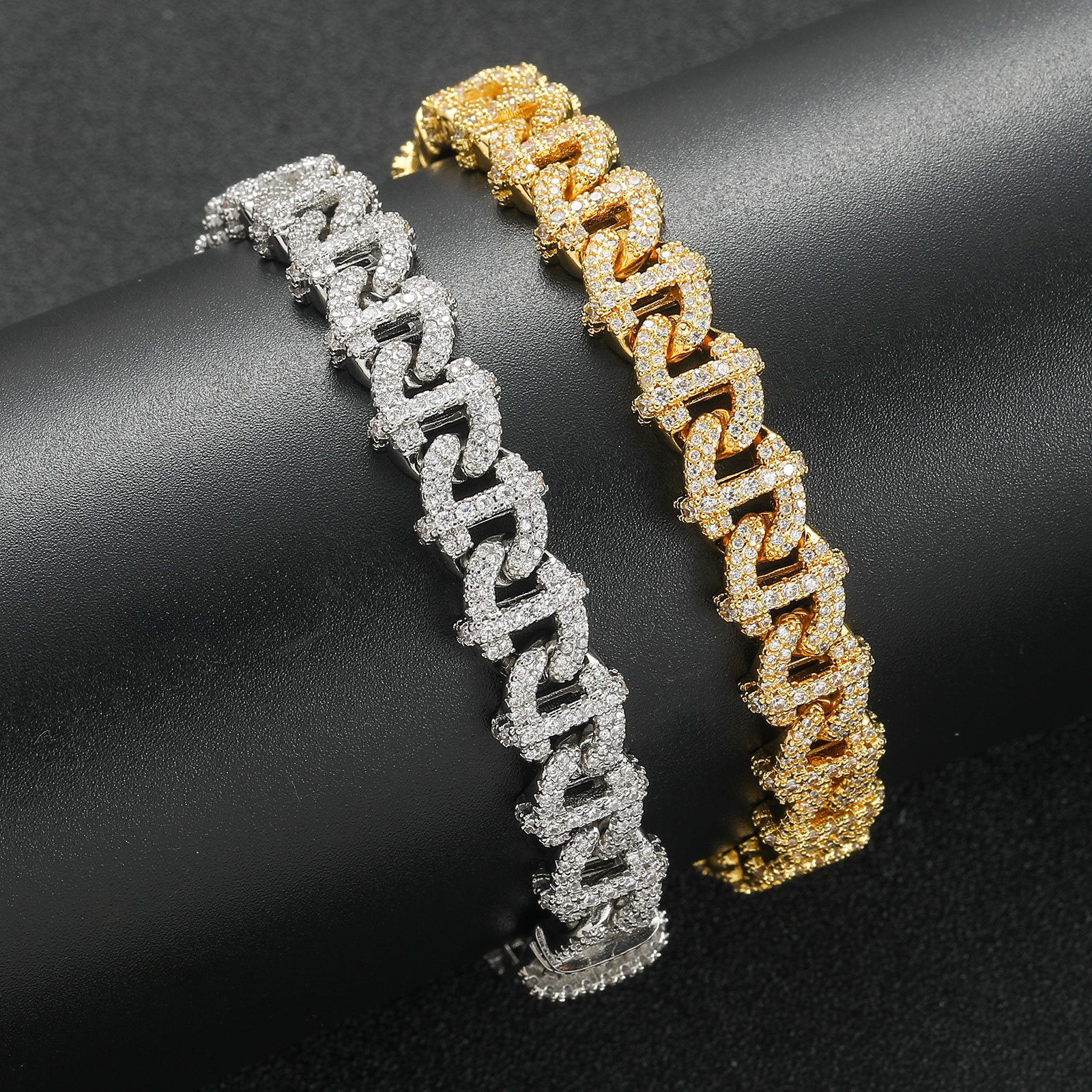 Hip Hop 10mm Men Necklace Cuban Chain Necklace Bracelet 5A Zircon Real Gold Plated Jewelry Set