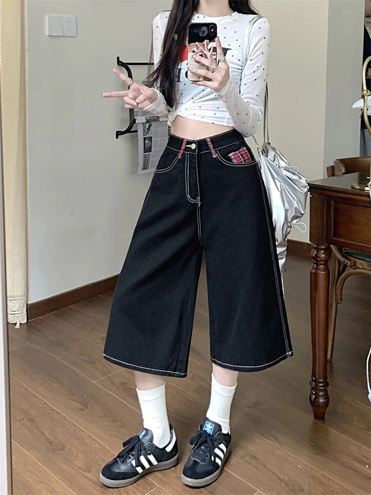 Summer Street Womens Black Regular Cropped Jeans Young Wide Leg Denim Shorts Female High Waist Loose Retro Capris Pants 250212