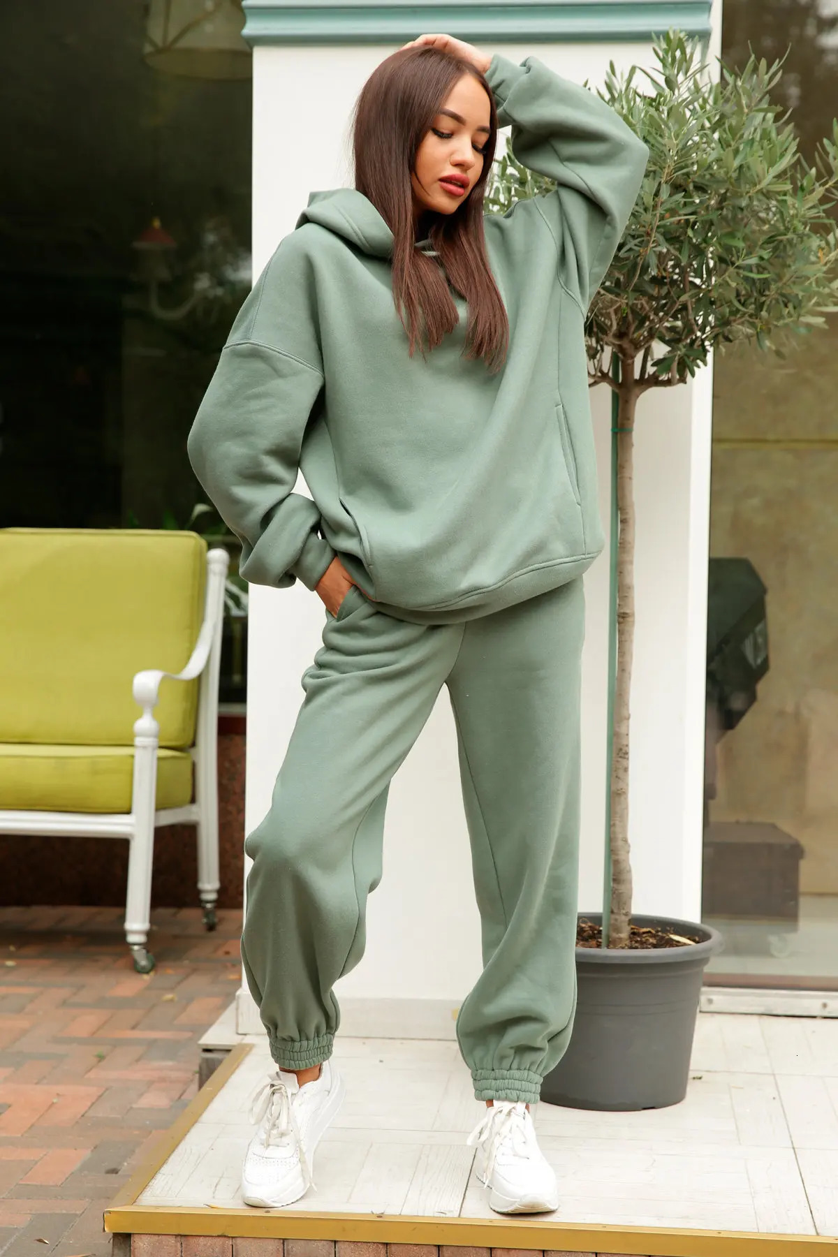 Selling European and American Autumn Winter Fashion Solid Color Hooded Hoodie Casual Two Piece Set 250211Z