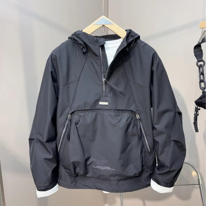 New American Trend Half-Zipper Hoodie Hooded Sweatshirt Pocket Spring Autumn Cargo Jacket Men Tops Streetwear Loose Outerwear