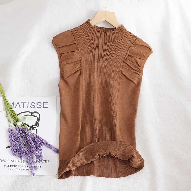 Tank Tops Half High Collar Vest Solid Casual Fe Sveless Knitted Summer Women TopsXJ250212