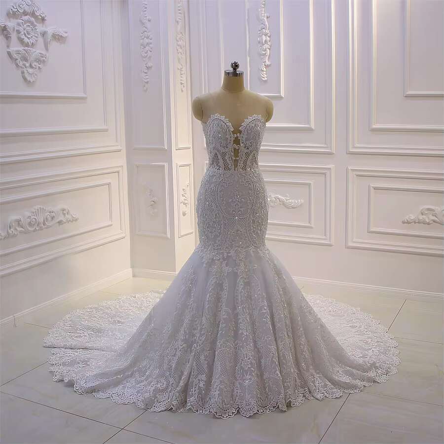 Customized Am188 Lace Appliques Mermaid Wedding Dress With Cape
